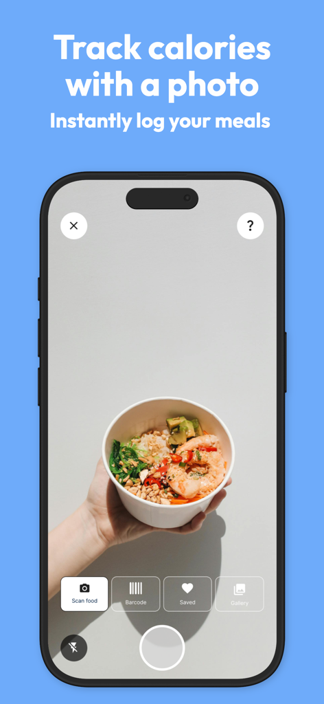 MealSnap: Plan & Track Meals - Una pantalla de smartphone que muestra la interfaz de la aplicación MealSnap para rastrear calorías usando una foto de comida.
