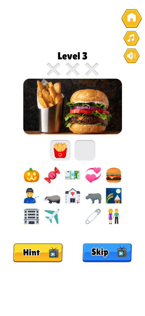 Guess the Emojis - Memes Quiz - 絵文字当てクイズゲームのレベル3。ハンバーガーとフライドポテトのパズルが特徴です。