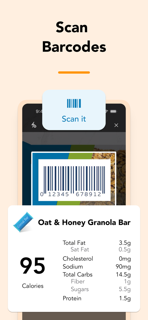 Smartphone scanning a granola bar barcode with the Lose It! app to display calories and nutritional information