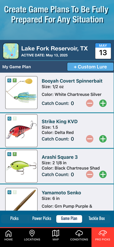 BassForce: Bass Fishing Guide - BassForce app screen displaying a customized fishing game plan with specific lure recommendations.