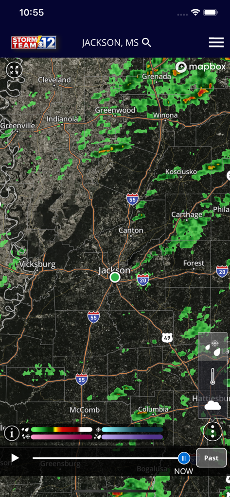 Mapa de radar meteorológico interactivo de Jackson, Mississippi, en la aplicación móvil WJTV Weather.