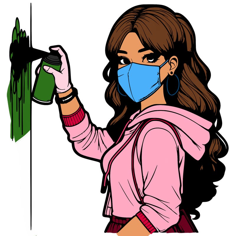 realistic girl with mask spray painting a wall