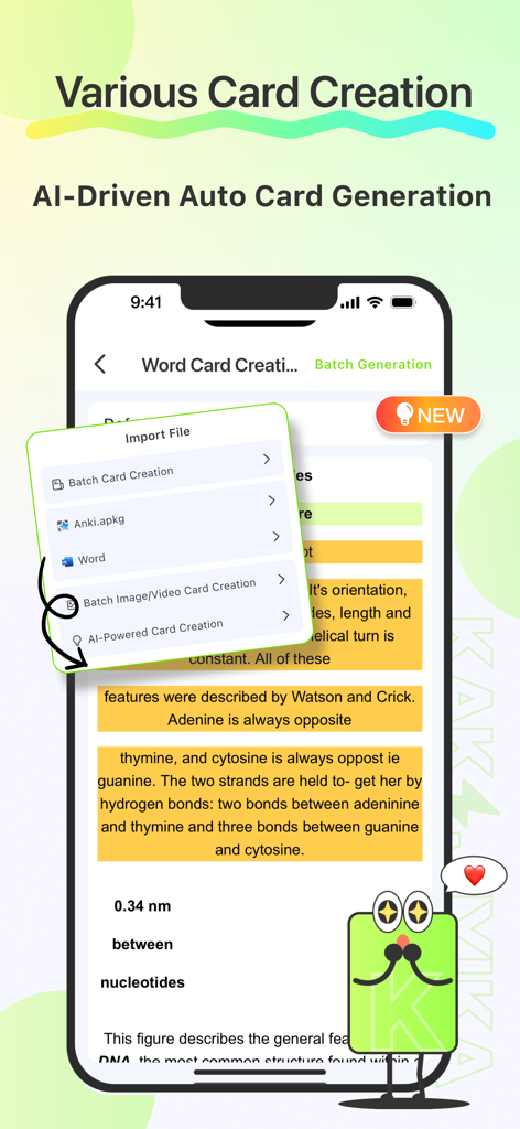 GreenNote app interface showing AI powered flashcard generation and import options