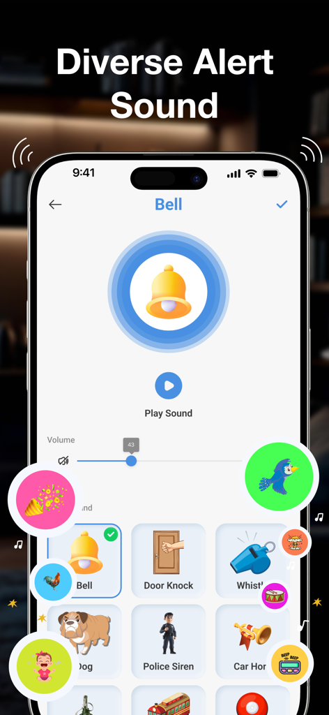 Find My Phone By Clapping app interface showing various alert sound options like bell and siren.