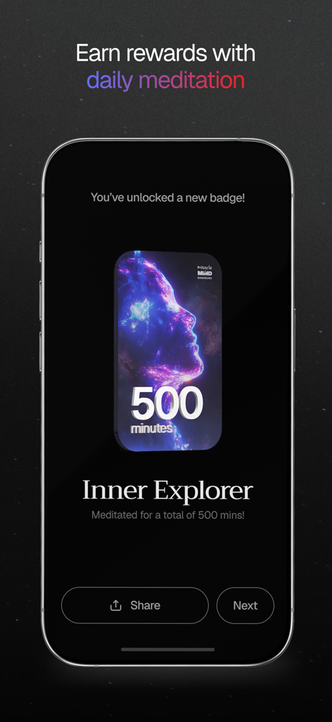 Meditation reward badge for 500 minutes in the Miracle of Mind app