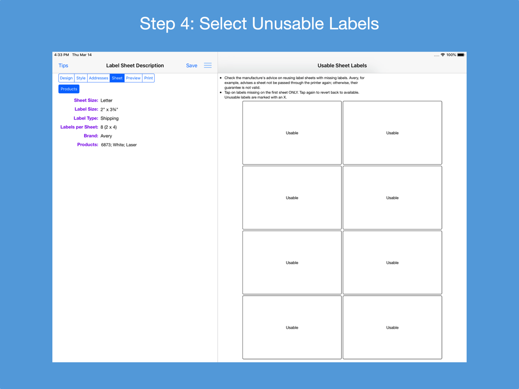 Interface for marking usable and unusable labels on a shipping sheet in the Address Label Creator app
