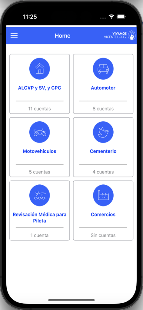 Écran d'accueil de l'application SAT Movil montrant les catégories d'impôts municipaux pour la propriété et les véhicules