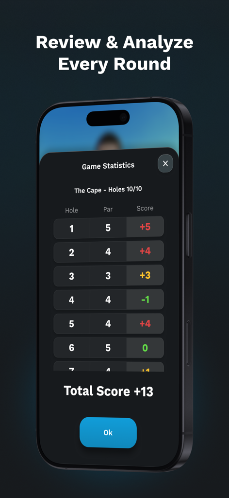 Golf Daddy: Golf At Home - A mobile app screenshot showing a golf game statistics scorecard with par and score for each hole and a total score summary.