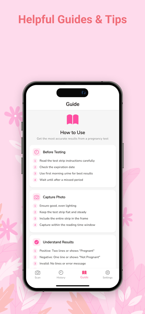 Pregnancy Test AI Scan - A guide screen in the pregnancy test scanner app providing instructions on how to use and interpret results.
