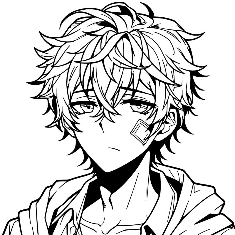 anime manga male with messy hair and a scar