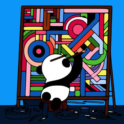 panda painting a large picasso painting while on a trailway