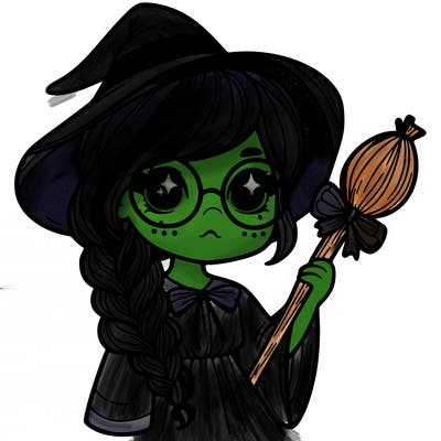 a witch with a braid and two glasses