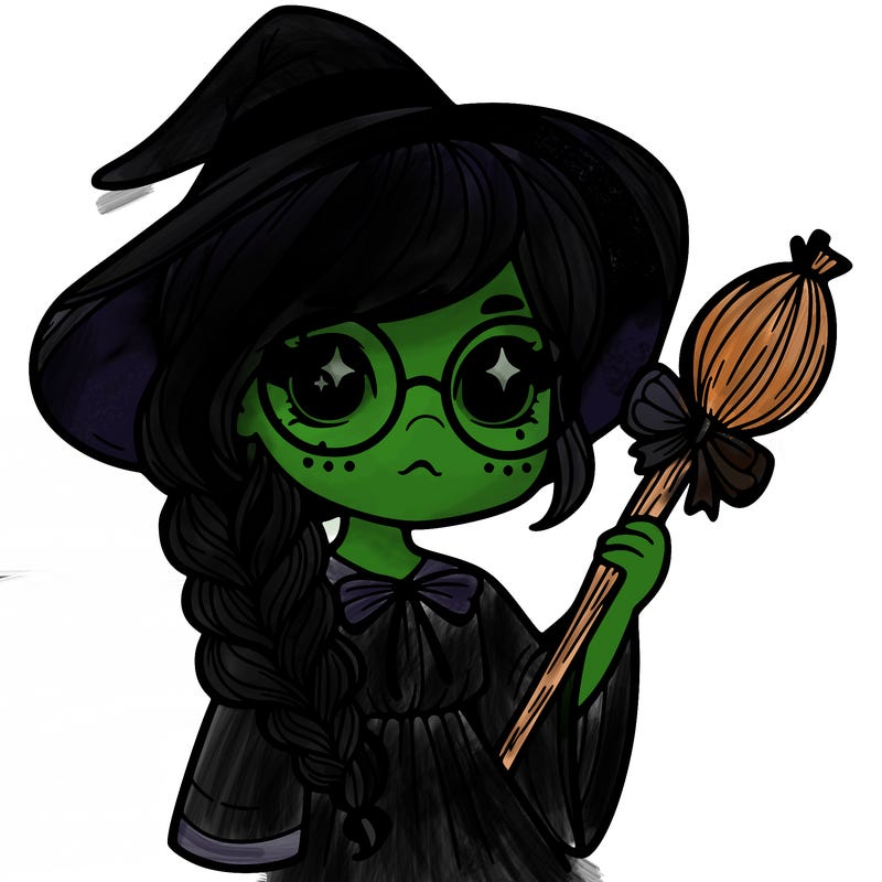 a witch with a braid and two glasses