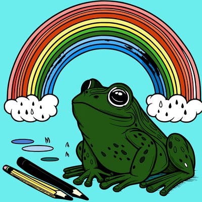 realistic frog under a rainbow