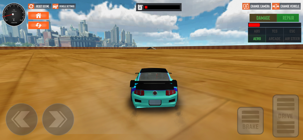A teal sports car driving on a wide platform with a city skyline in the background