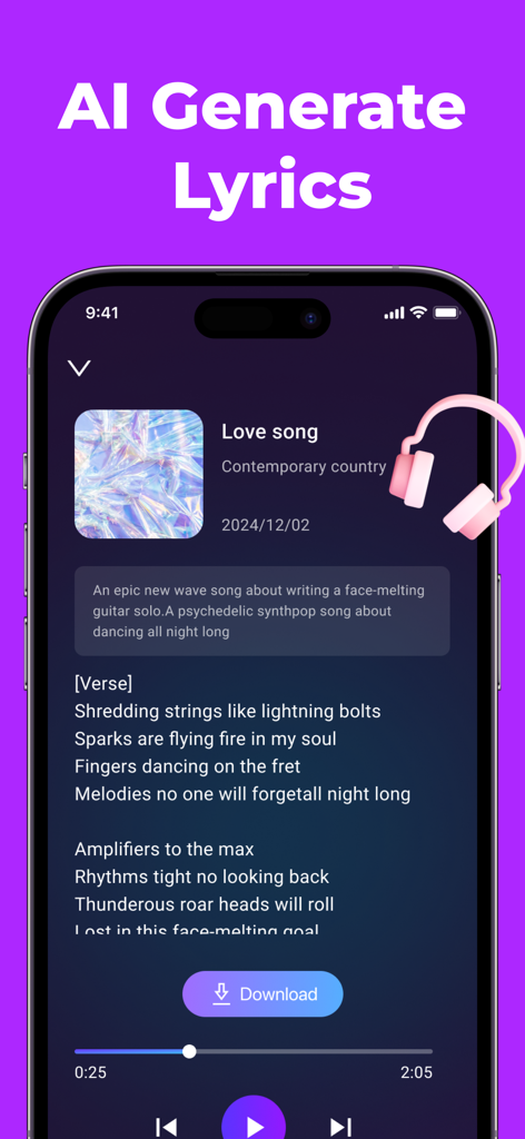 AI Music Generator AI Songs - A mobile app interface displaying AI generated song lyrics and music player controls