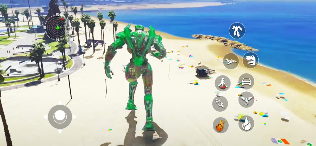 Real Robot Car Transform Game - Um personagem robô verde em pé em uma praia ensolarada em um jogo de ação de mundo aberto em 3D com controles de transformação