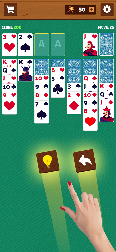 Mobile solitaire gameplay screen showing cards on a green table with a hand selecting hint and undo buttons