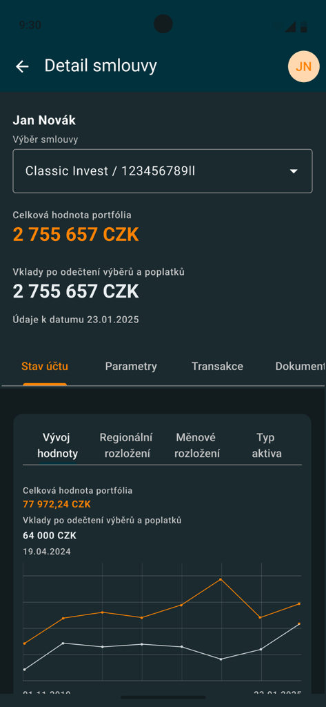 Tela do aplicativo móvel mostrando o valor do portfólio de investimentos e o gráfico do histórico de desempenho.