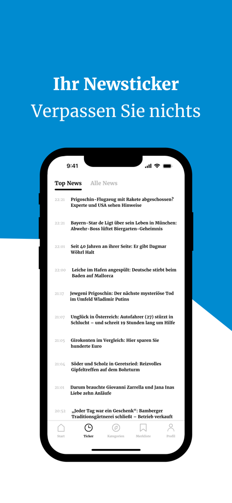 Merkur-App-Oberfläche mit einem Nachrichten-Ticker mit Schlagzeilen auf einem Smartphone