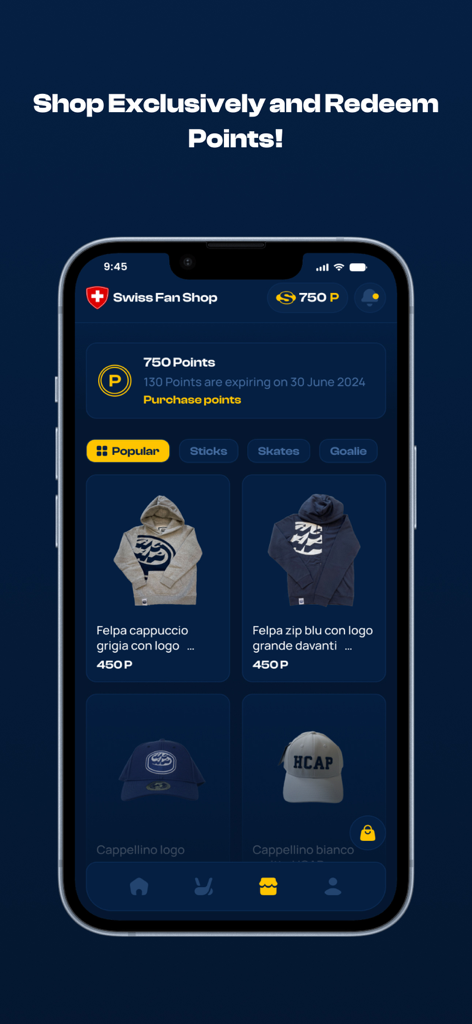 HCAP Digital Hockey - Oberfläche der HCAP Digital Hockey App, die den Schweizer Fan-Shop zeigt, in dem Fans Punkte für Team-Merchandise wie Hoodies und Mützen einlösen können