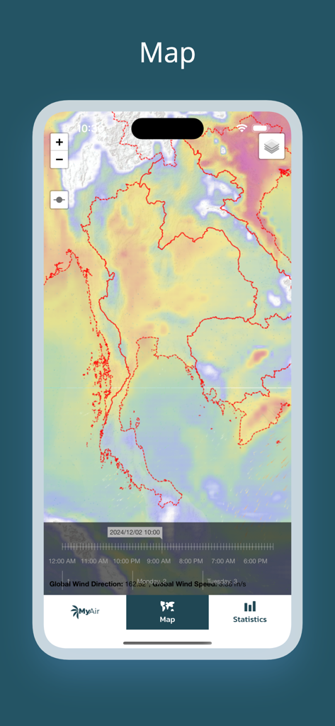 MyAir - Une visualisation par carte thermique des niveaux de qualité de l'air sur une carte dans l'application MyAir