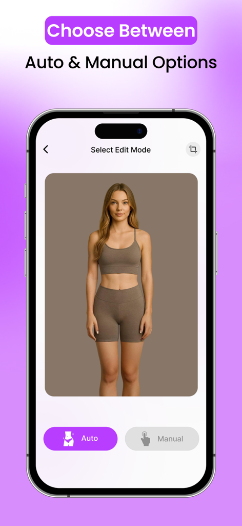 Body Editor AI: Hot, Slim Look - Una interfaz de aplicación móvil que muestra a una mujer con ropa deportiva con opciones para elegir entre los modos de edición corporal Automático y Manual.