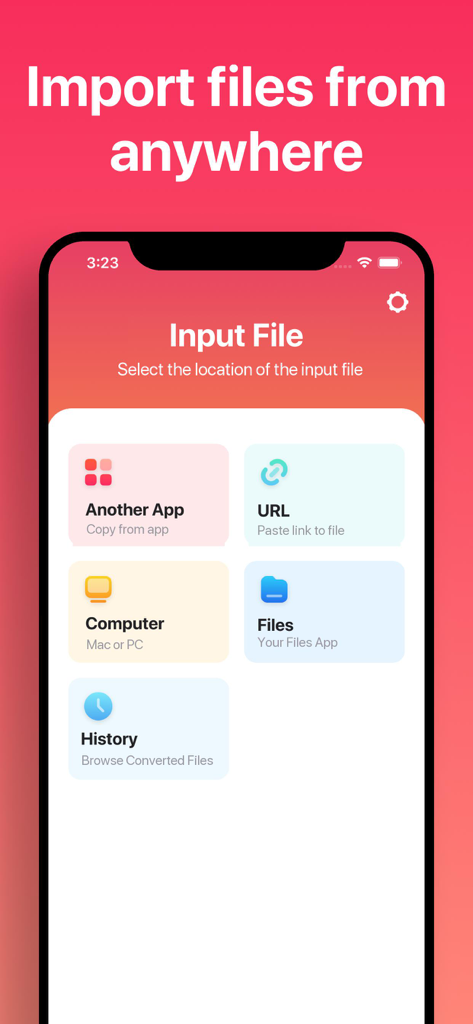 Una pantalla móvil de la aplicación El Convertidor de Ebooks mostrando opciones para importar archivos desde fuentes como otras aplicaciones, URLs, computadoras y archivos internos.