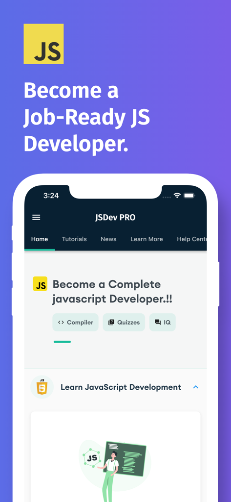 A mobile screen showing the Learn JavaScript Development app interface with a call to action to become a job ready JS developer and access to a compiler and quizzes.