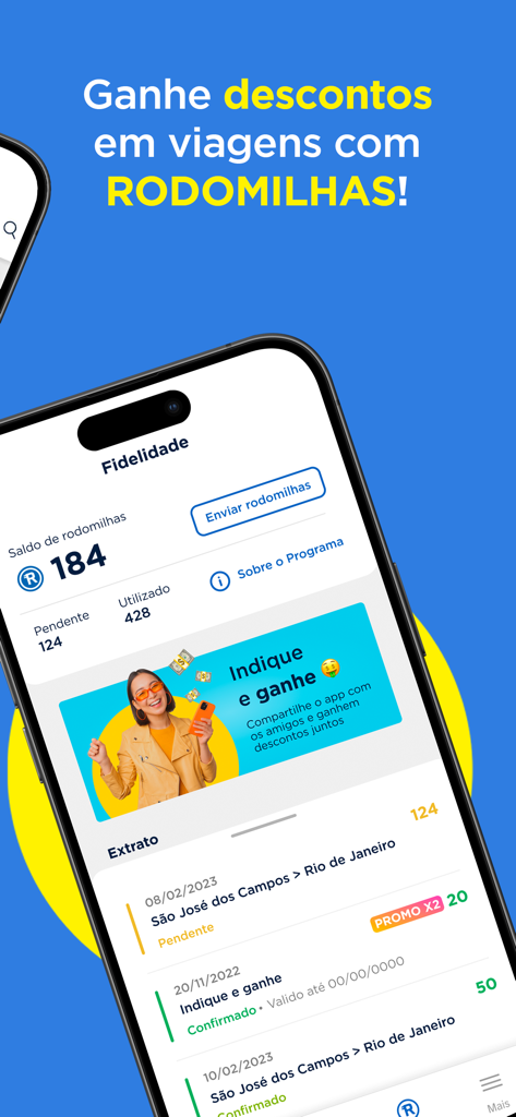Interface du programme de fidélité de l'application Quero Passagem affichant les points de voyage et les récompenses