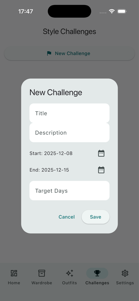 The Style Challenges screen in the SmartCart app displaying a popup to create a new fashion challenge with start and end dates.