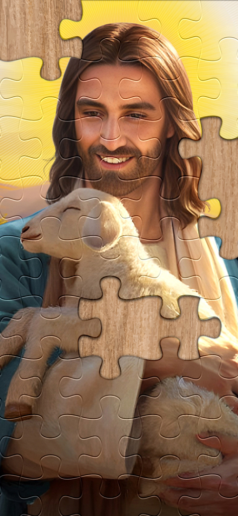 Un rompecabezas digital que representa a Jesucristo sosteniendo un pequeño cordero con una cálida sonrisa