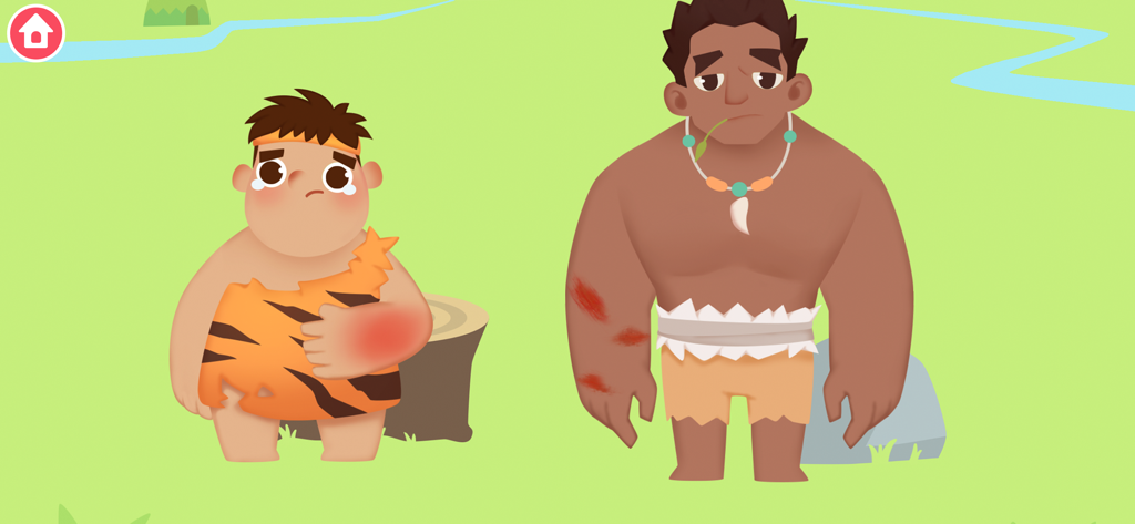 Dinosaur Time Machine Games - A sad child caveman holding a red swollen arm and a concerned adult caveman with scratches in a prehistoric setting.