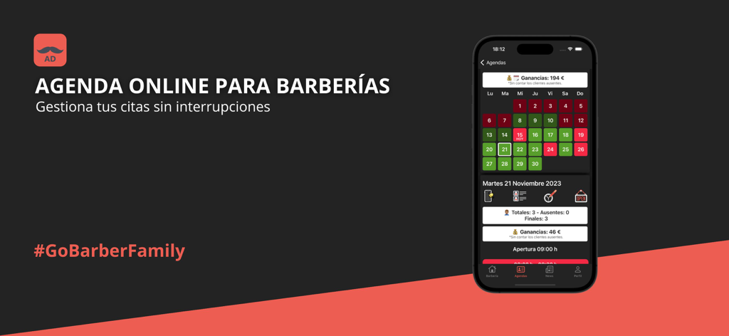 GoBarber Pro mobile app interface showing a digital booking calendar and daily business earnings for barbershops.