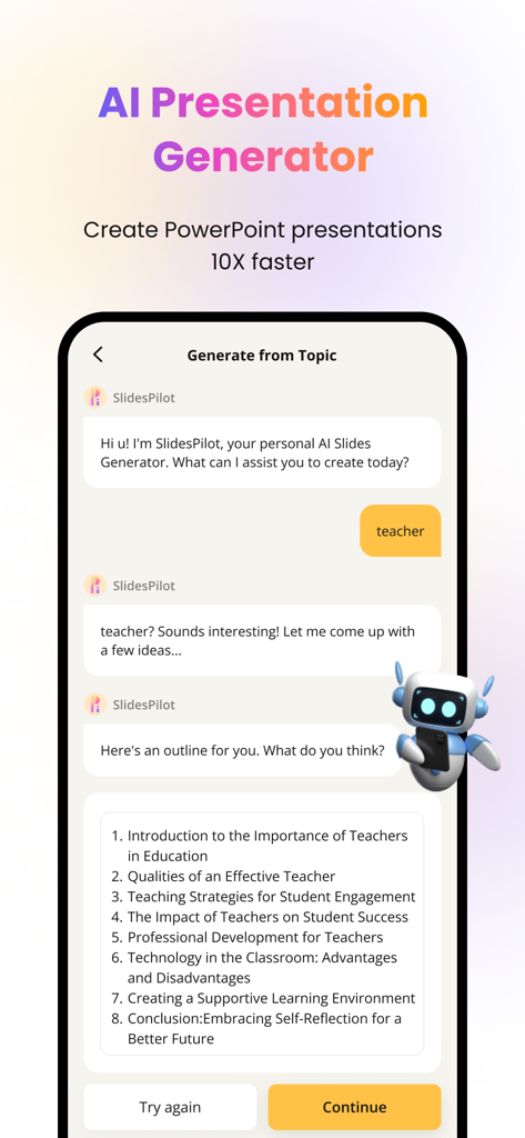 SlidesPilot: AI PowerPoint - Mobile screen of SlidesPilot app showing an AI chatbot generating a presentation outline from a topic