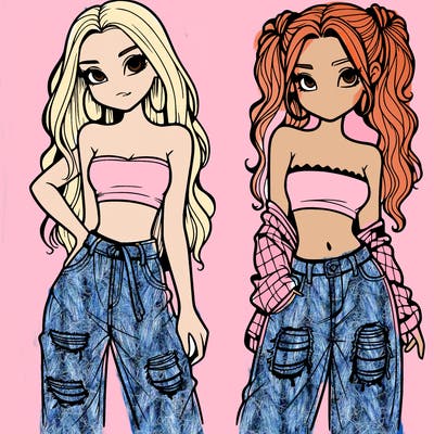2 girls in crop tops and baggy jeans ripped