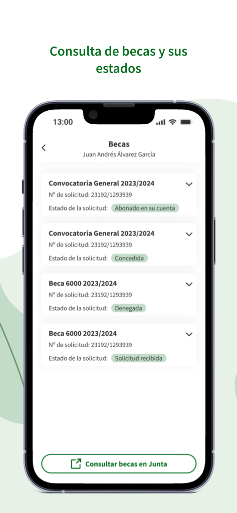 Mobile screen showing the status of different scholarship applications in the iPasen app