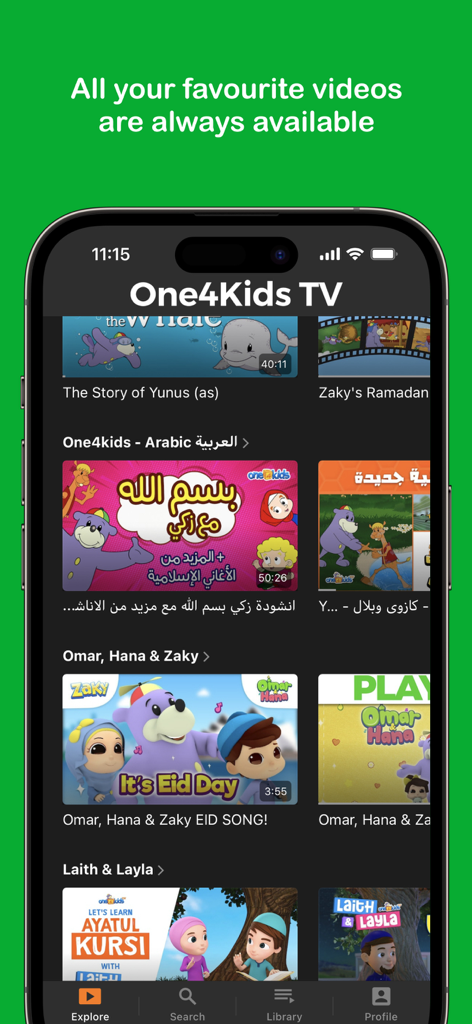 One4Kids TV - Aplicación móvil One4Kids TV mostrando una biblioteca de videos infantiles islámicos como Zaky and Friends