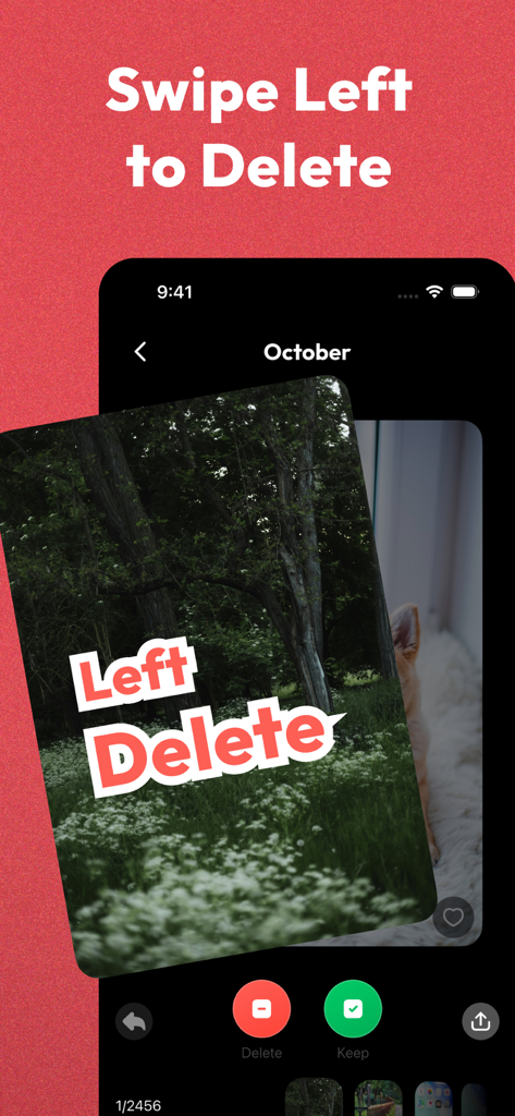 User interface of Swiper app showing the gesture to swipe left to delete photos