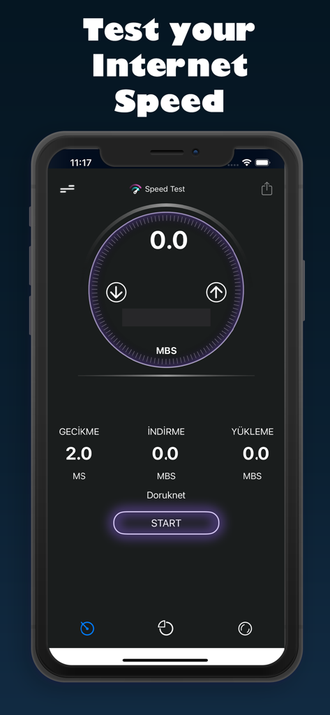 Una interfaz de aplicación móvil para probar la velocidad de Internet que muestra un velocímetro y métricas de rendimiento de red.
