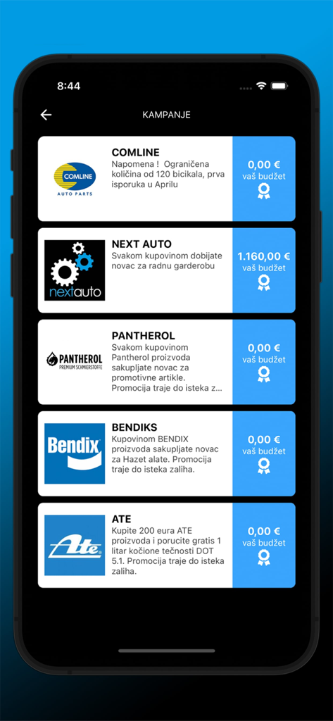 Pantalla de la aplicación móvil NextAuto mostrando una lista de campañas promocionales específicas de marcas y recompensas de fidelidad para repuestos de automoción
