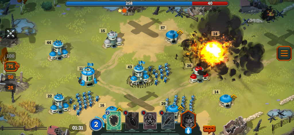 Bunker Wars: WW1 RTS - Jogabilidade de Bunker Wars WW1 RTS mostrando tropas atacando bases e uma grande explosão