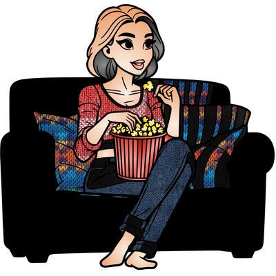 woman with nice body sitting on couch eating popcorn