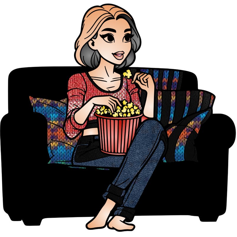 woman with nice body sitting on couch eating popcorn