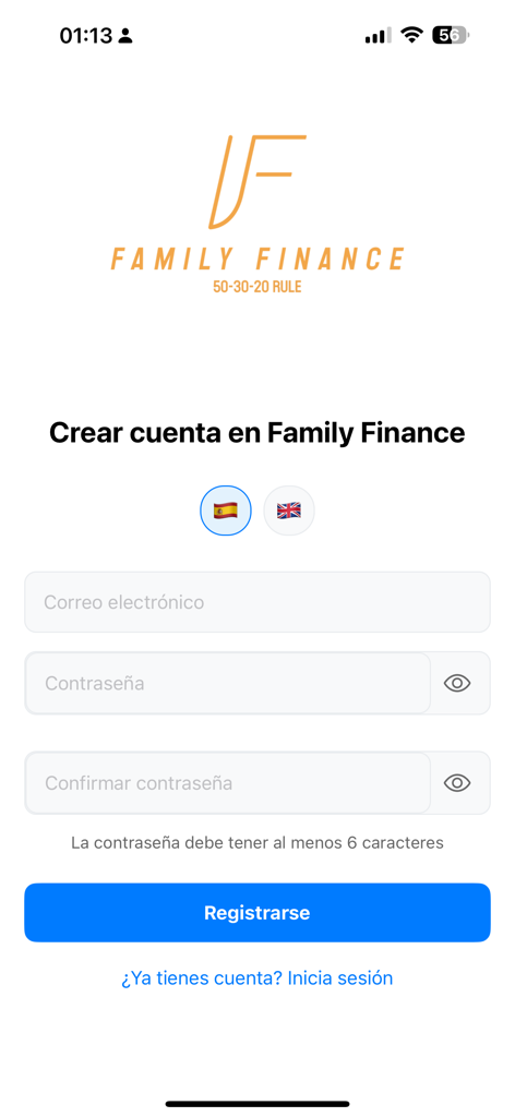 Family Finance 50/30/20 - The registration screen of the Family Finance 50-30-20 app showing email and password fields and language selection options