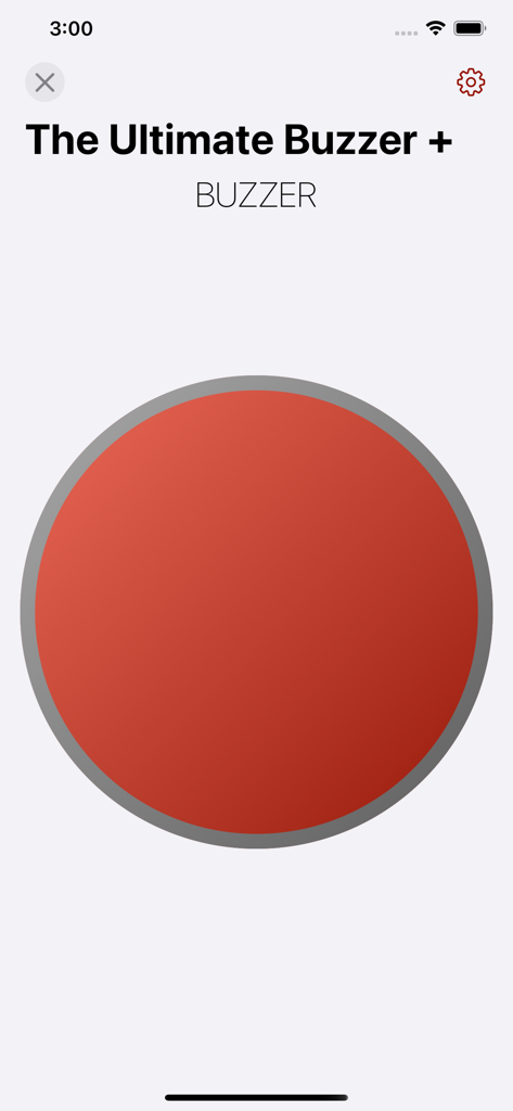 Gran botón interactivo rojo en la interfaz de la aplicación Ultimate Buzzer Pro.