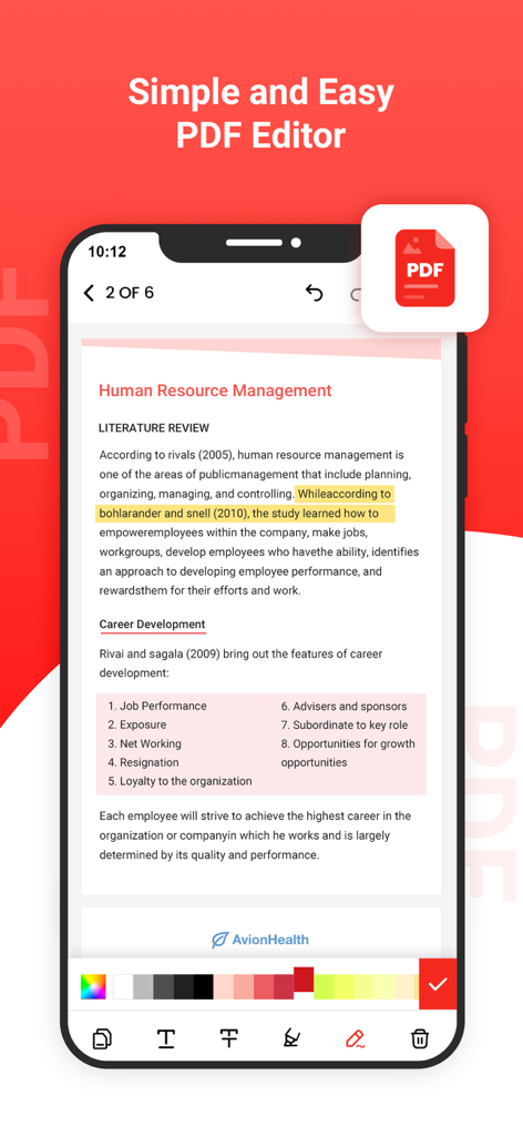 PDF Reader - Read PDF Files - Mobile screen showing the PDF Reader app interface with text highlighting and editing tools