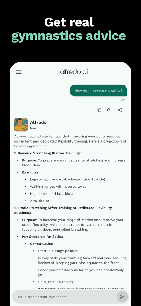 Gym Art - Screenshot of the Gym Art app showing an AI coach interface providing detailed gymnastics training advice on how to improve splits through stretching.
