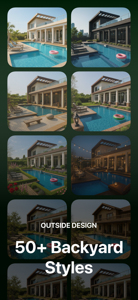 A grid of various AI-generated backyard pool designs showcasing different architectural and landscaping styles for home improvement.