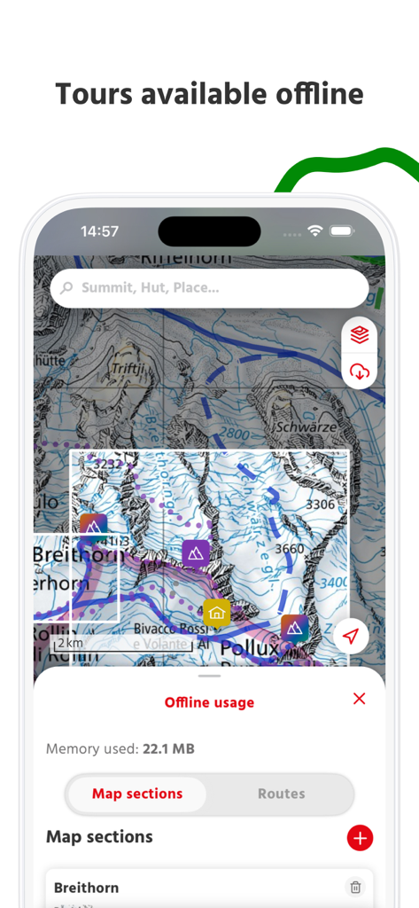 SAC – Swiss Alpine Club - Interfaz de la aplicación SAC Swiss Alpine Club para descargar secciones de mapas sin conexión